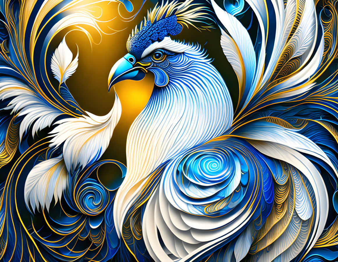 Vibrant blue and white peacock illustration on dark background