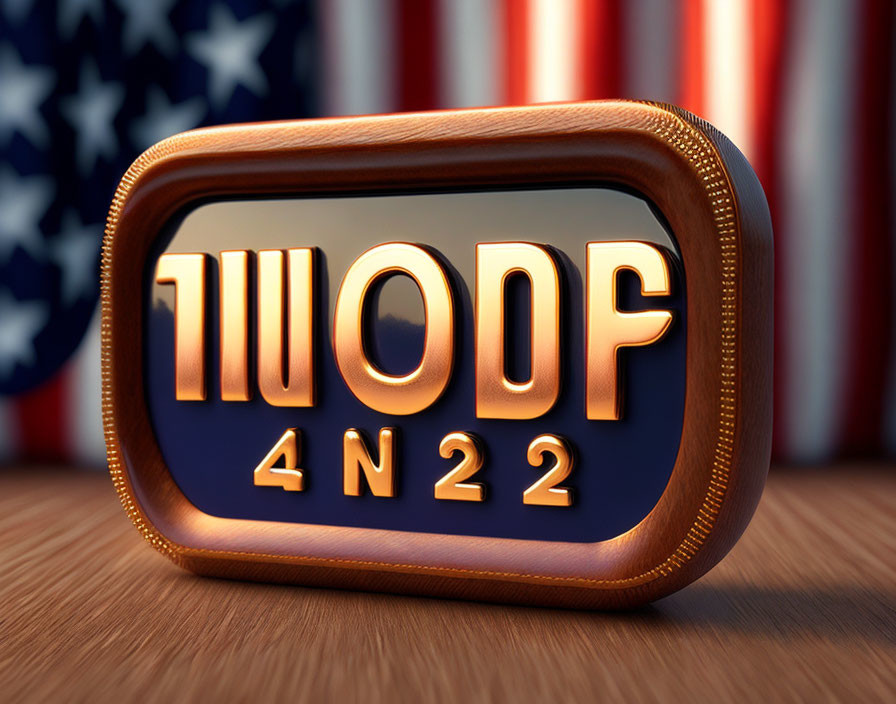 Digital golden countdown timer on "7111:4N22" with blurry American flag backdrop