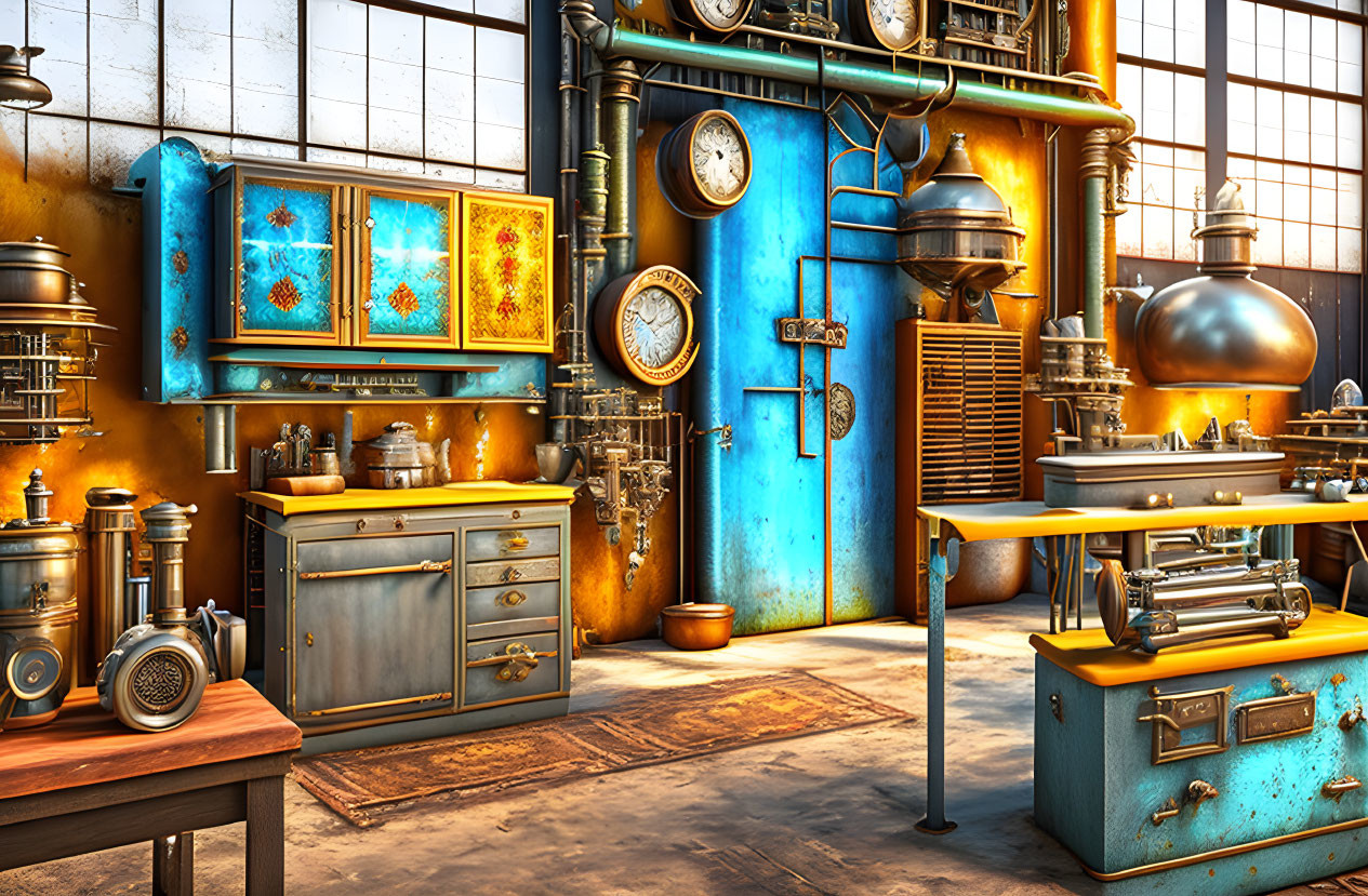 Steampunk-themed workshop with copper equipment and vintage clocks on blue wall