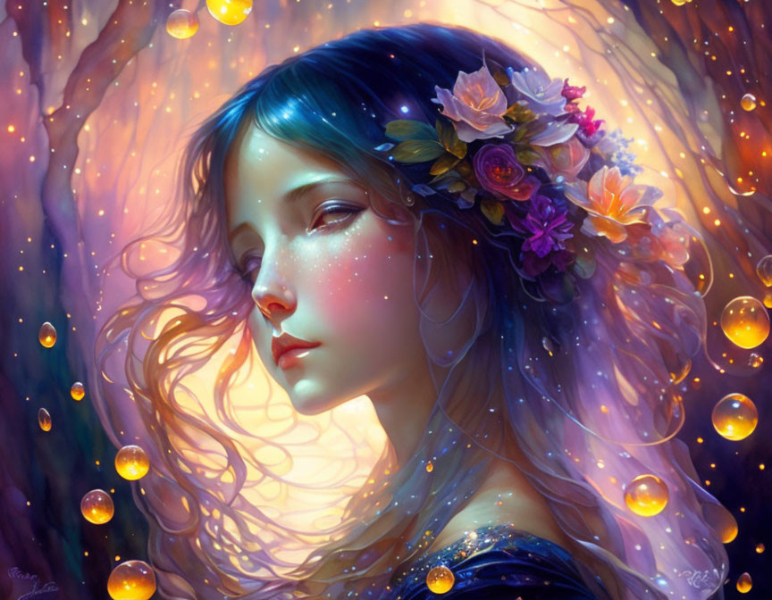 Illustration of girl with flowers in hair and glowing orbs in mystical setting