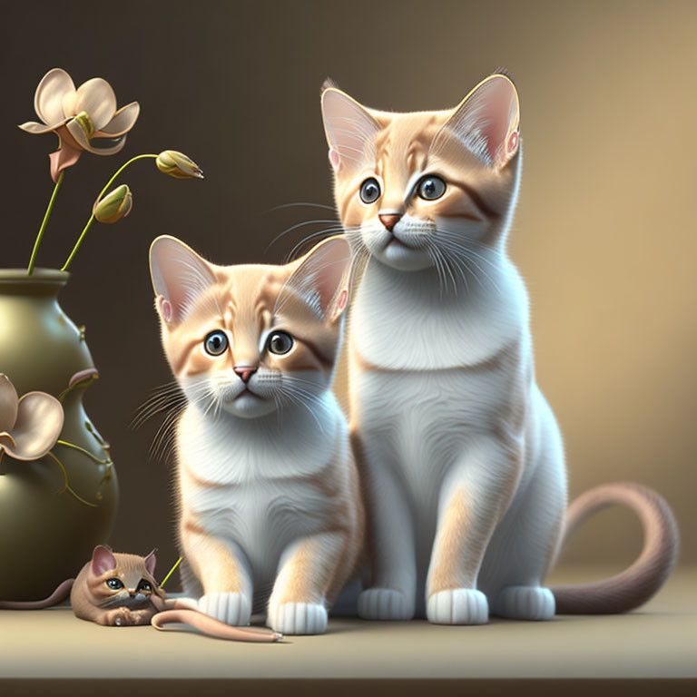 Animated kittens with orchids and curious mouse in cute scene