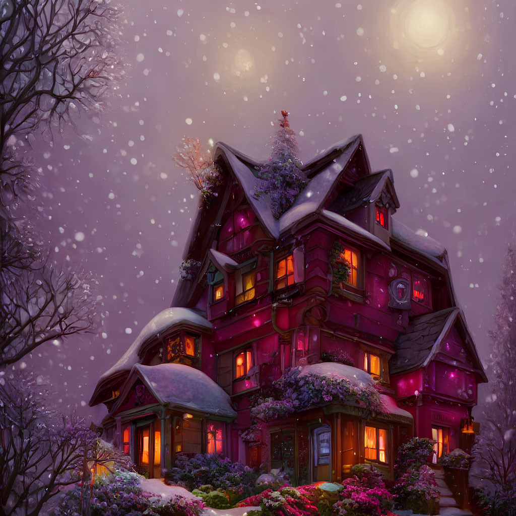 Cozy purple house in snowy landscape with decorations