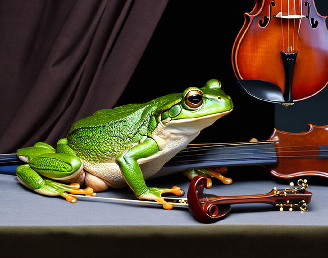 Green frog on violin strings with bow and dark background