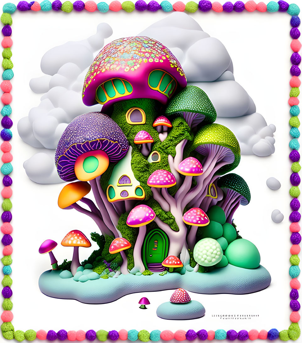 Whimsical mushroom house surrounded by fantastical mushrooms and fluffy clouds