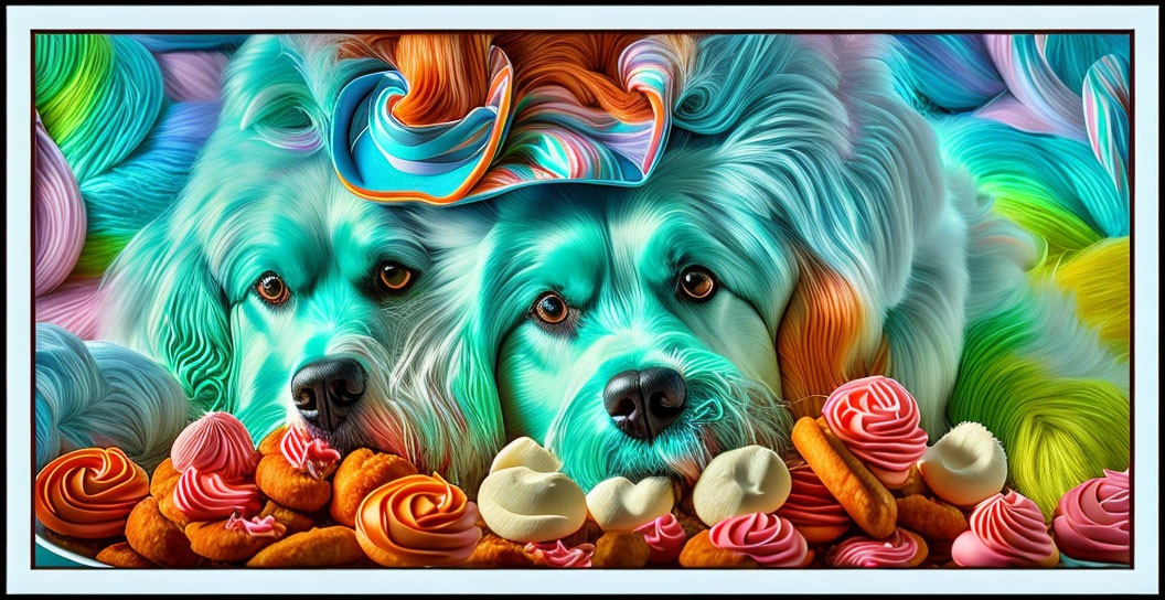 Colorful Stylized Dogs Surrounded by Sweets and Textures