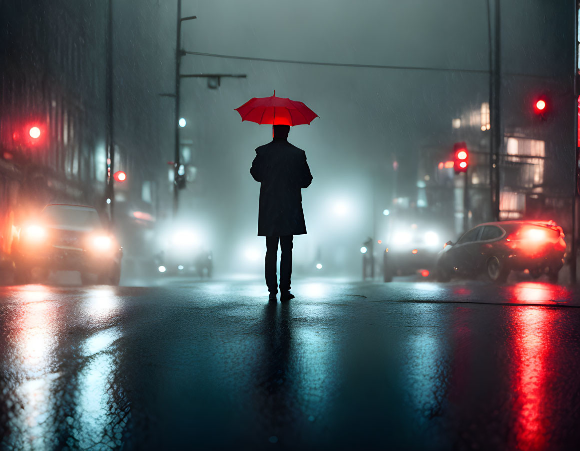 Person with red umbrella on wet city road at night