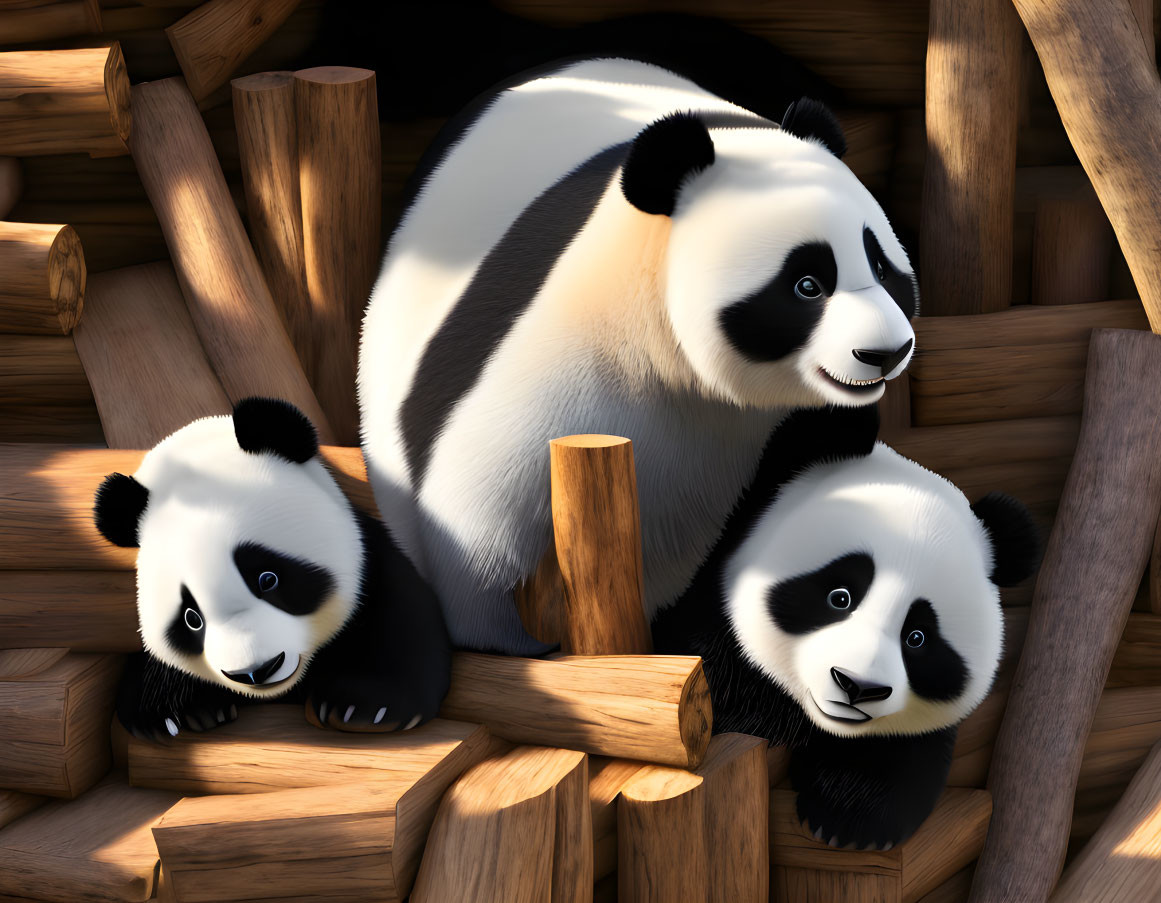 Three pandas in various poses surrounded by logs