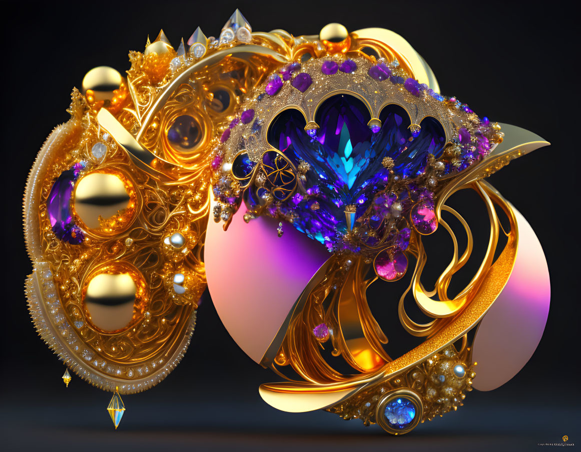 Golden fractal design with jewels, spheres, and swirling patterns on dark background