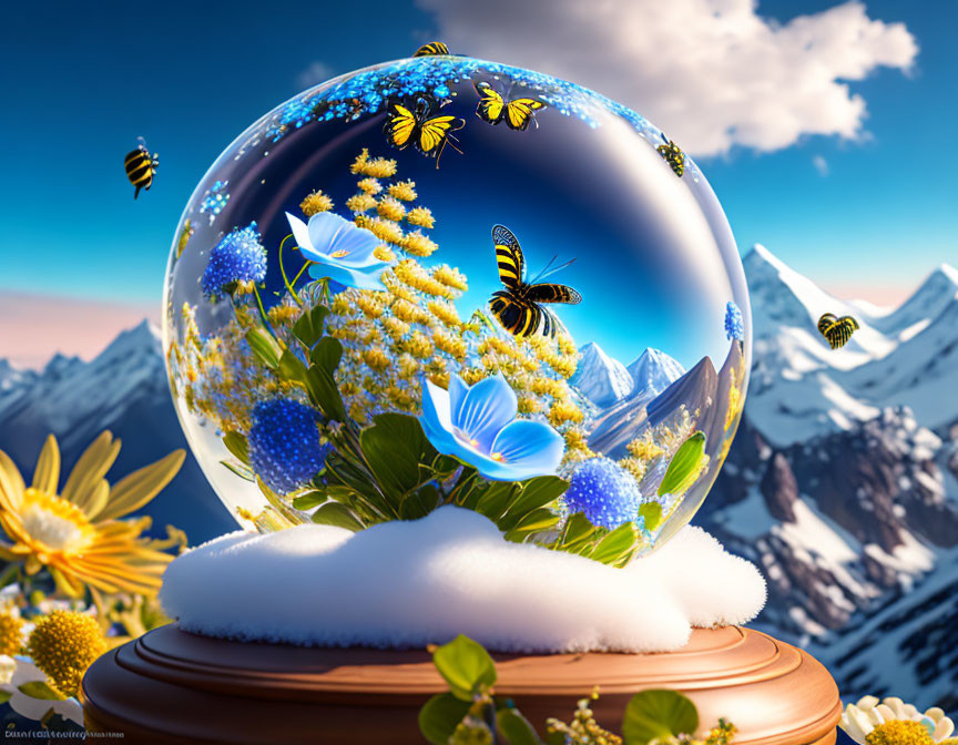 Colorful crystal ball with flowers and butterflies on pedestal against snowy mountains