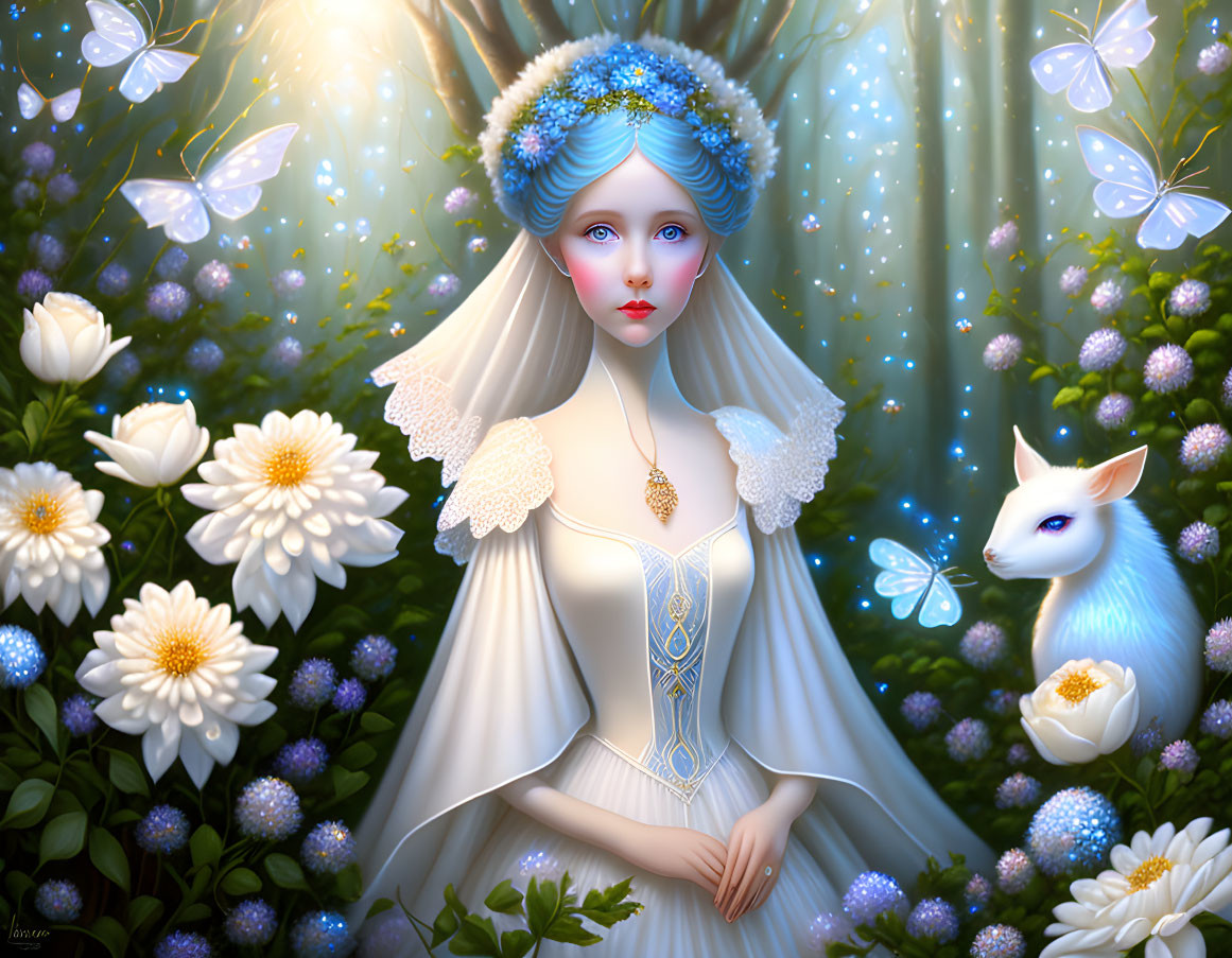 Fantasy digital art of woman with blue hair, glowing butterflies, white flowers, and luminous creature