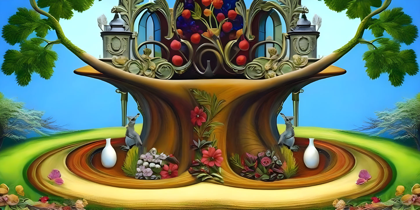 Symmetrical fantasy tree artwork with fruits and flowers under blue sky