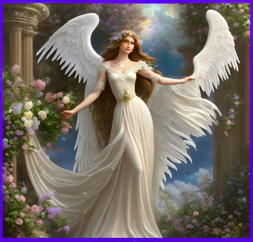 Ethereal woman with angel wings in white gown among lush flowers