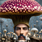 Colorful digital artwork: Person with mushroom hat in whimsical landscape