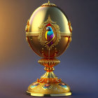 Golden Egg with Floral Patterns and Gemstone Centerpiece on Pedestal