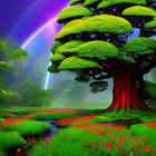 Colorful Fantasy Forest with Giant Mushroom Trees and Lush Greenery