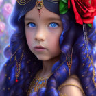 Young girl with blue curly hair and roses, surrounded by pink roses and gold jewelry