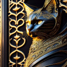 Regal cat digital artwork with gold and blue armor-like patterns on dark background