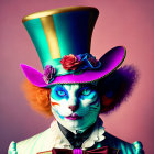 Artistic makeup person in teal and purple top hat with flowers on pink background