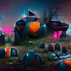 Misty graveyard with carved pumpkins at night