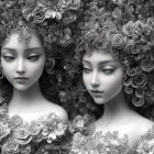 Intricate Monochrome Female Statues with Elaborate Wings and Hairstyles