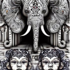 Monochrome artwork: Patterned elephant, child faces, intricate designs