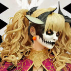 Woman with Halloween makeup and skull features, horned headpiece, and flying bats.