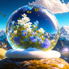 Colorful crystal ball with flowers and butterflies on pedestal against snowy mountains