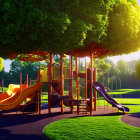 Vibrant playground with slides and climbing structures in green setting