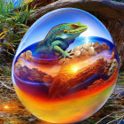 Colorful lizard on glossy orb with mountainscape, pebbles, and flora.