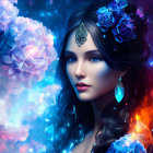 Ethereal women with butterfly wings in vibrant blue and purple setting