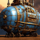 Steampunk submarine with gold detailing and gears in 3D render