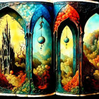 Vibrant fantasy landscapes in open book pages