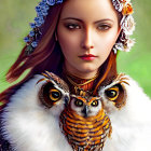 Woman with Floral Crown and Owl in Detailed Portrait