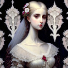 Pale-skinned woman with dark hair in white lace dress, adorned with red flowers on baroque background