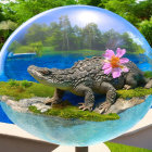 Smiling alligator in transparent sphere surrounded by lush pink and greenery