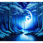 Fantasy artwork: Enchanting forest scene with tall trees, full moon, stars, and serene