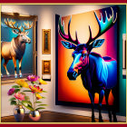 Vibrant Moose Paintings in Colorful Frames