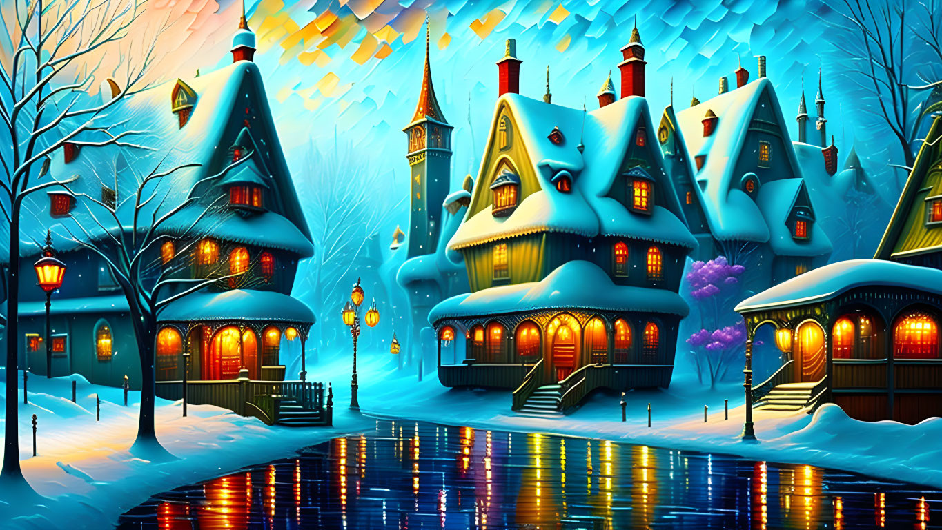 Colorful illuminated cottages in winter scene by frozen river