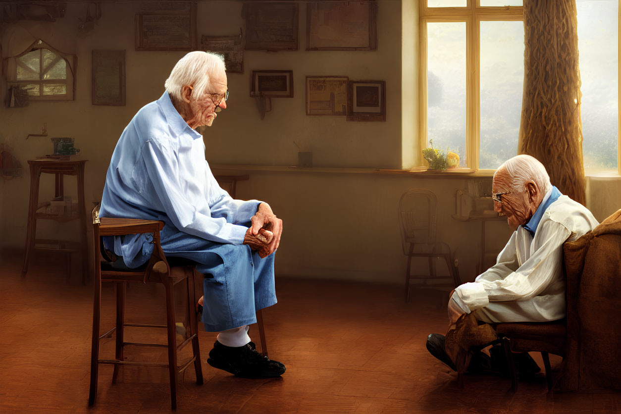 Elderly man in blue shirt reflects somber self in warm room