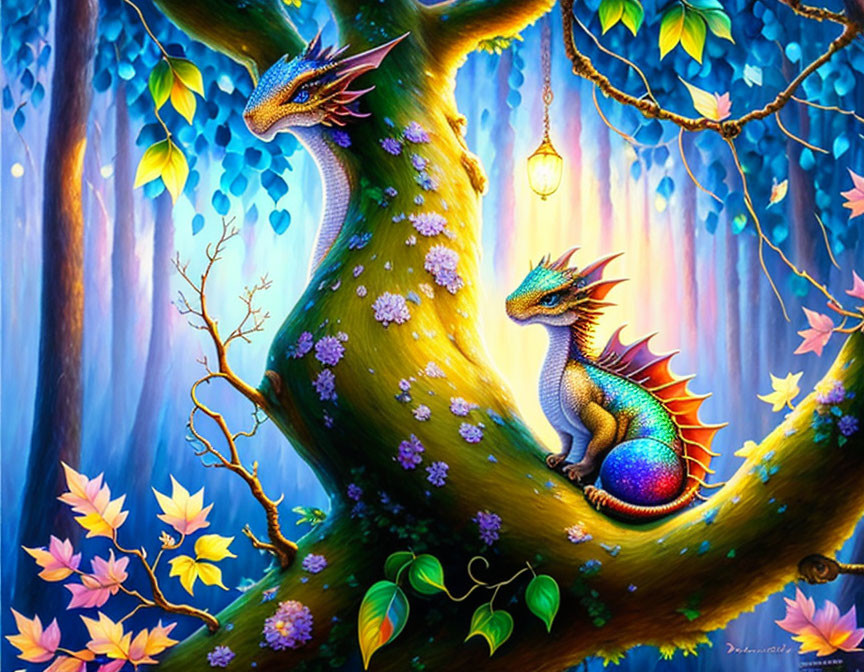 Colorful dragons on blossoming tree in enchanting forest