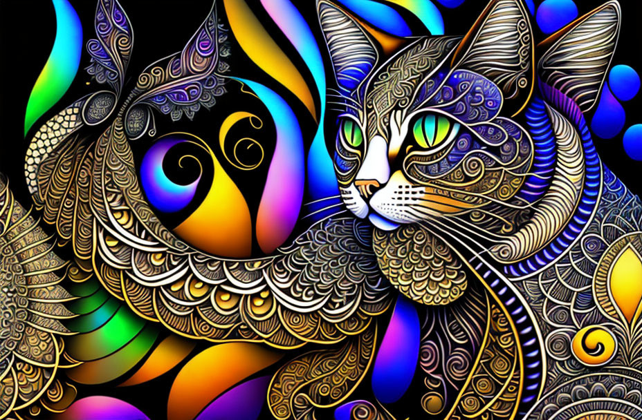 Colorful Stylized Cats Artwork on Black Background