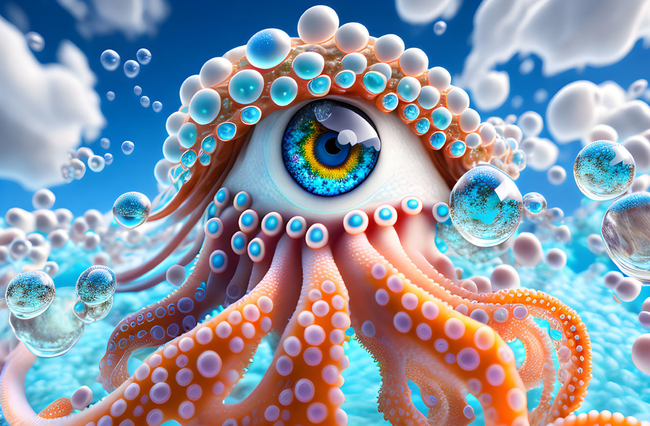 Surreal eye with octopus-like tentacles in cloudy sky