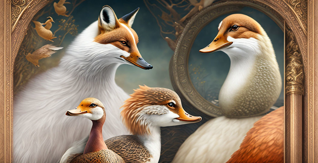 Illustration of fox's reflection as a duck with real ducks, blending fantasy and reality