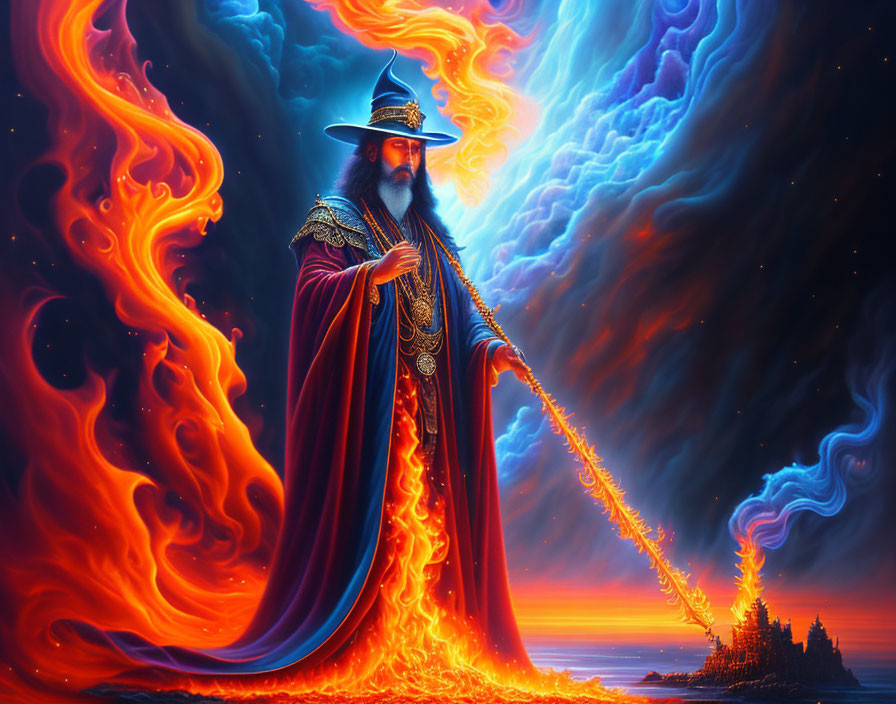 Bearded wizard casting fire vortex in cosmic setting