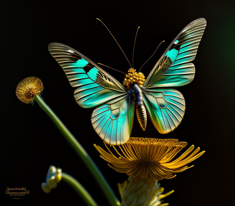 Colorful Butterfly on Yellow Flower with Aqua and Black Wings