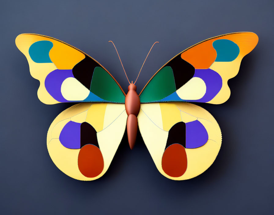 Symmetrical colorful paper art butterfly on dark background