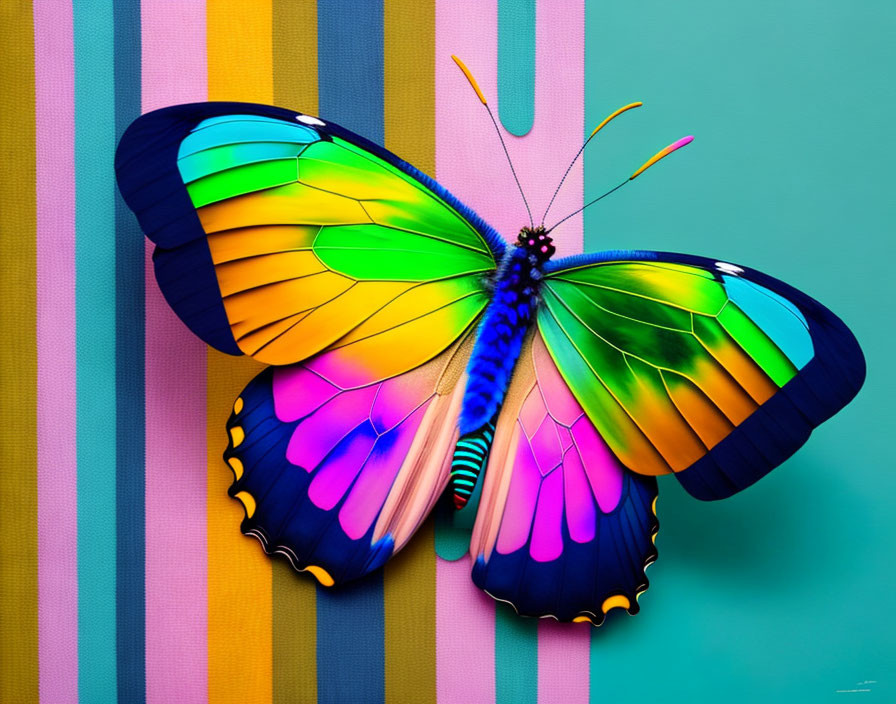 Colorful Butterfly Artwork on Pastel Striped Background