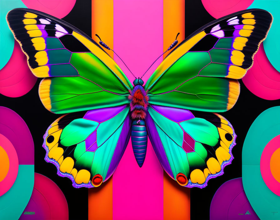 Colorful digital artwork: Butterfly with multicolored wings on abstract background