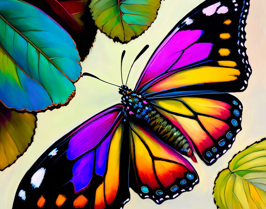 Colorful Butterfly Painting with Outspread Wings on Pale Background