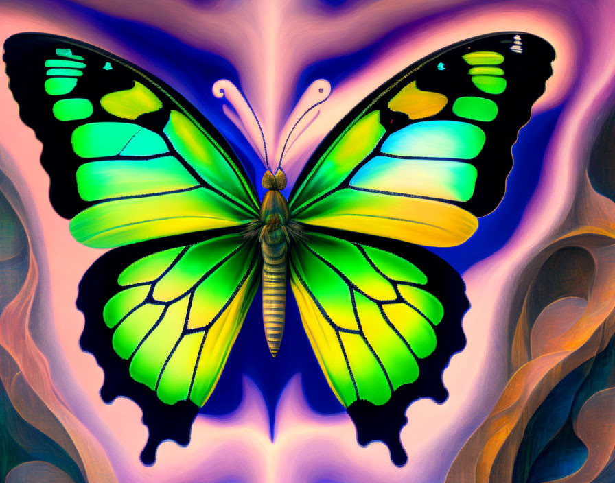 Colorful Butterfly Image with Green and Yellow Wings on Purple Background